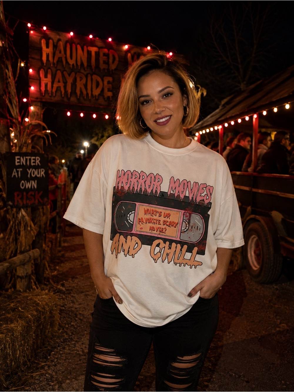 Gildan White Graphic Tee with Pink & Black Horror Print
